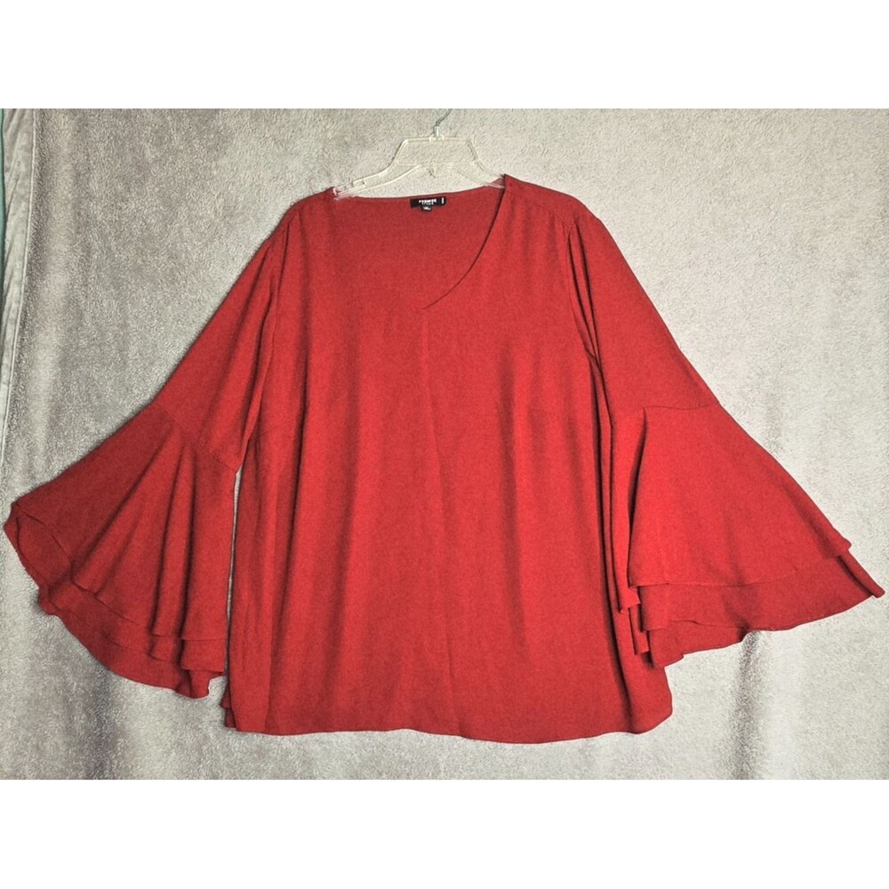 Premise Studio Women's Top 1X Deep Red Bell Sleeve Blouse V Neck Tiered Wine
